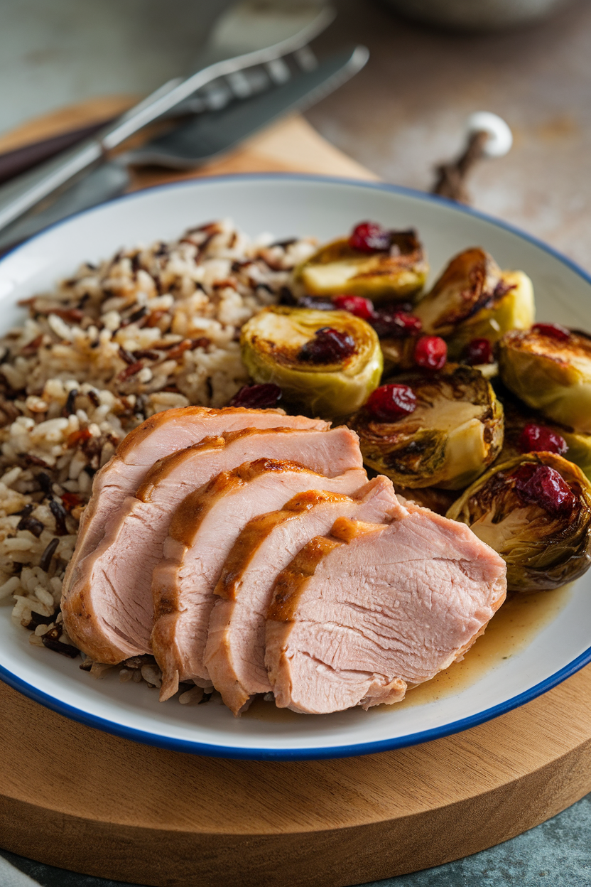Indoor photo of sliced turkey breast, wild rice blend, and roasted Brussels sprouts with cranberries on a plate. No text or logos.