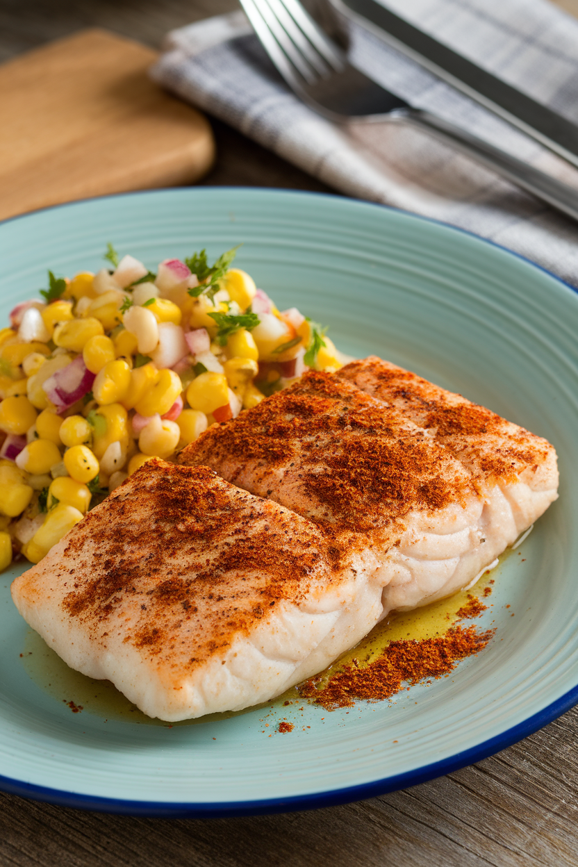 An indoor dinner plate showing a four-ounce cooked tilapia fillet dusted with Cajun spices, side of colorful corn salsa. No text or logos.