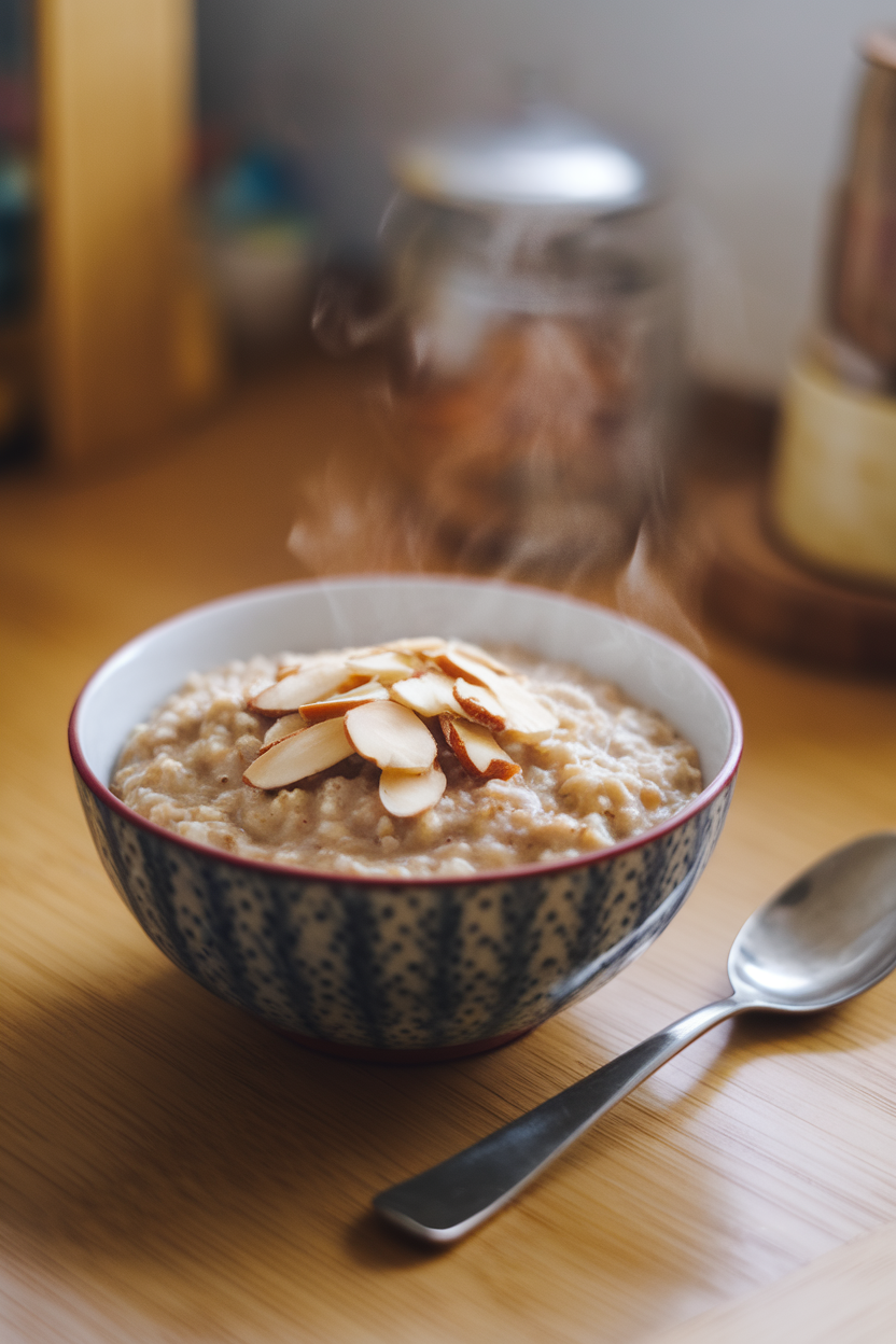 A bowl of steaming steel-cut oatmeal topped with sliced almonds indoors, photo, no text or logos