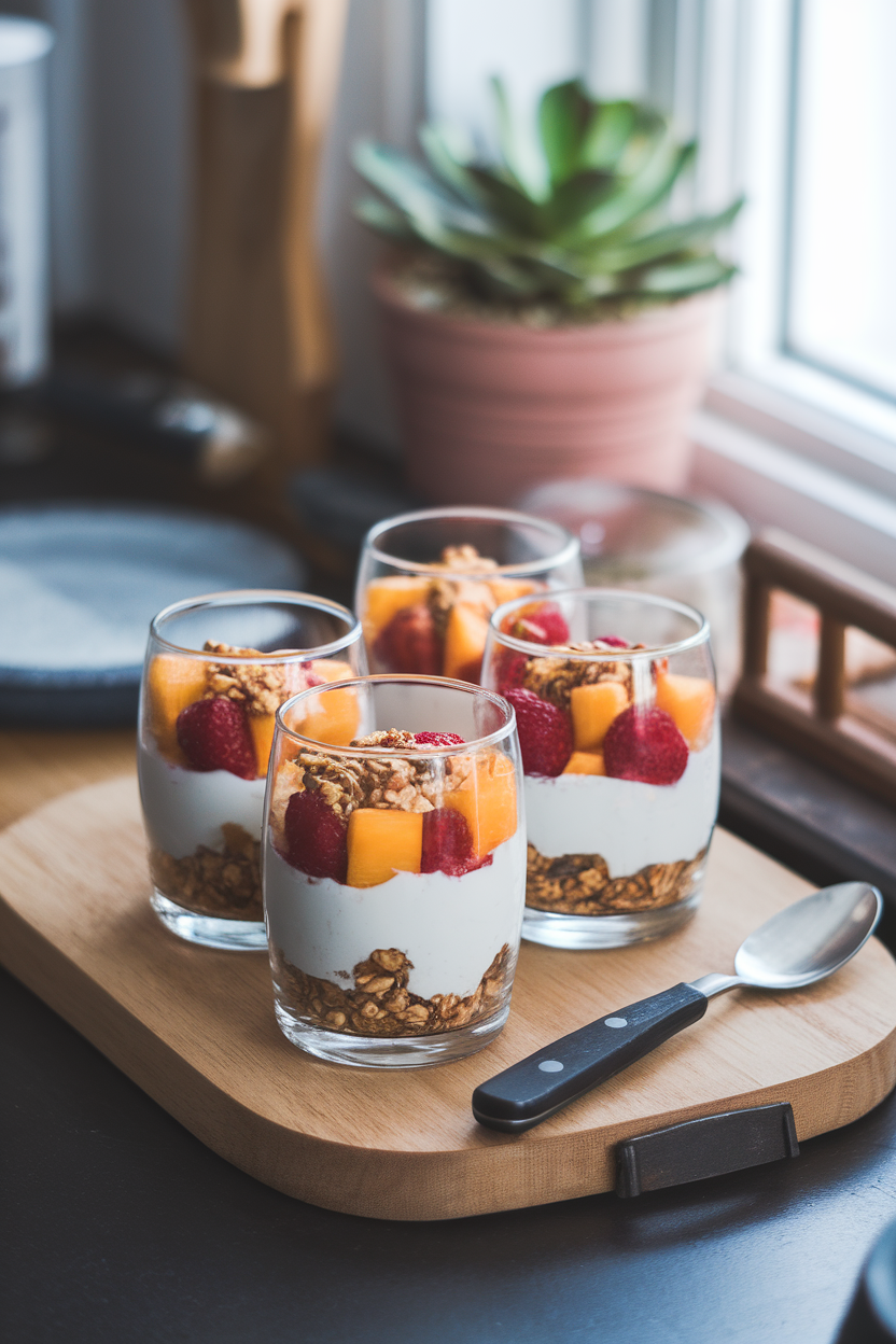 An indoor kitchen counter holding clear glasses layered with colorful fruit, plain Greek yogurt, and a sprinkle of granola on top; soft daylight from a window, no text or logos, photo not illustration.