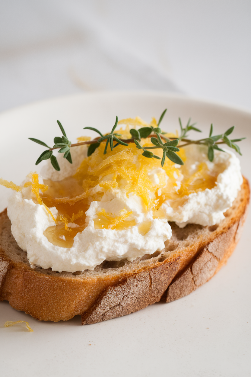 Indoor photo of toast spread with ricotta, drizzled with honey and lemon zest, garnished with thyme leaves, no text or logos.
