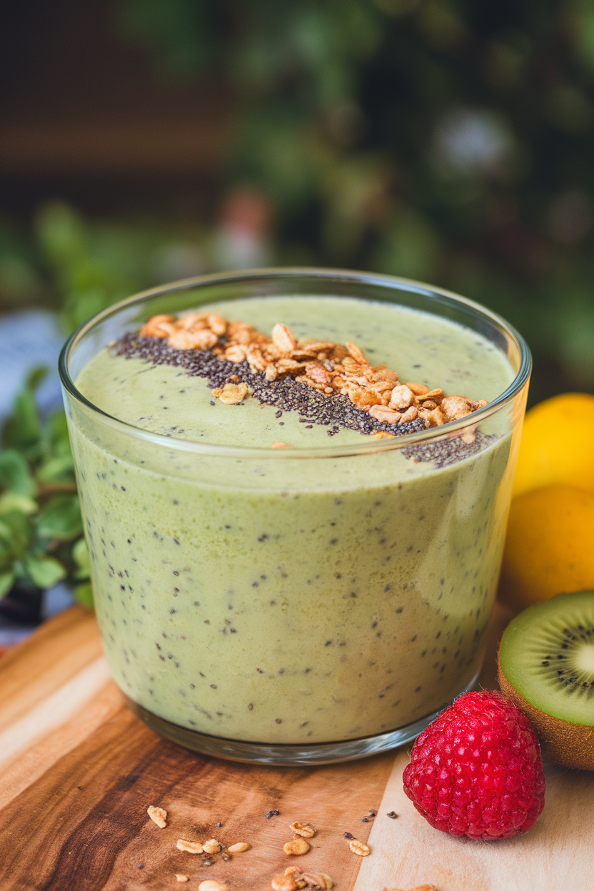 Indoor bowl photo of blended avocado-kiwi smoothie topped with granola and chia seeds, no text or logos.