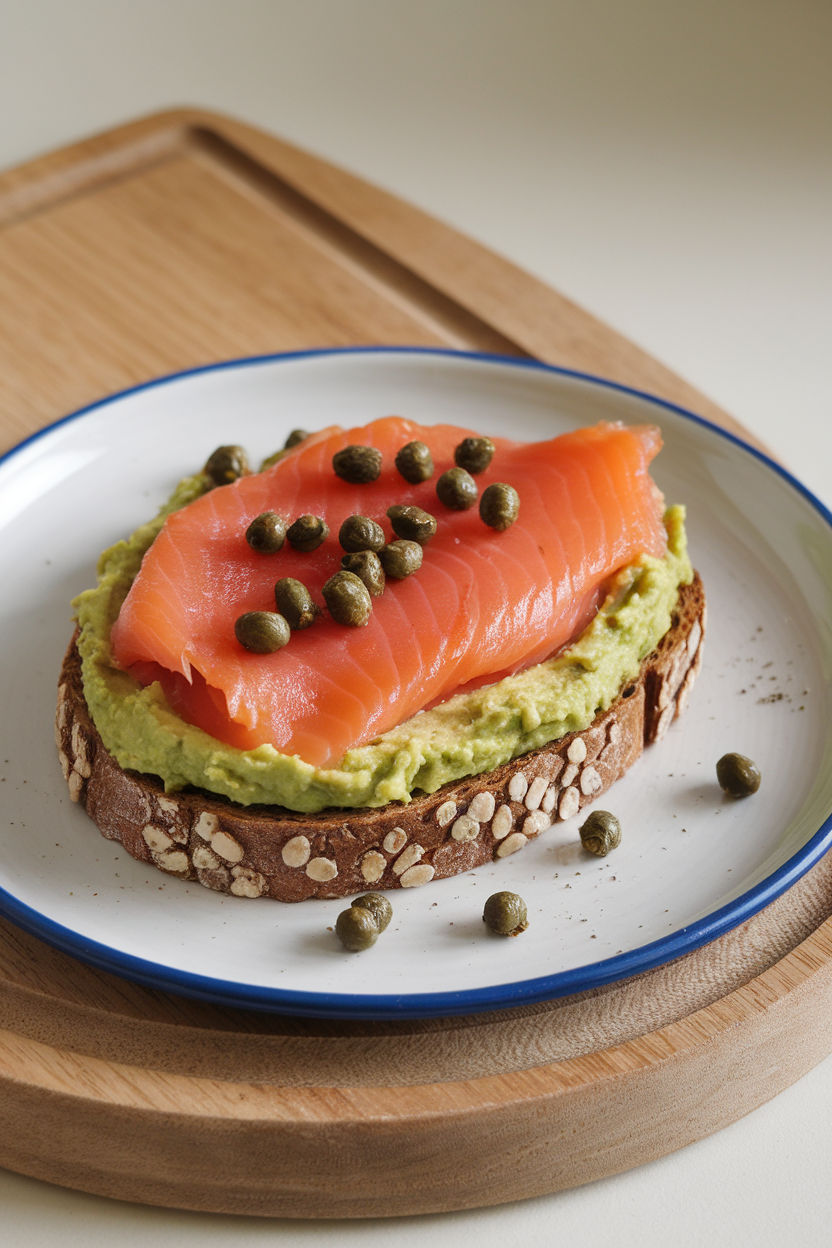 An indoor plate showing whole-grain toast spread with mashed avocado and layered with smoked salmon, capers sprinkled on top. Photo, no text or logos.