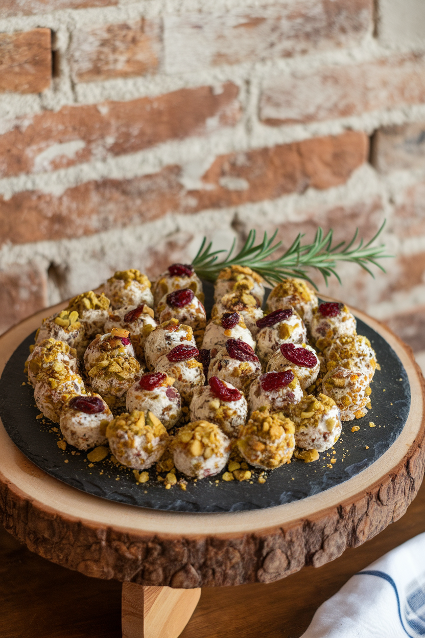 Indoor slate board with bite-size goat cheese spheres rolled in dried cranberries and crushed pistachios—photo, no text or logos.