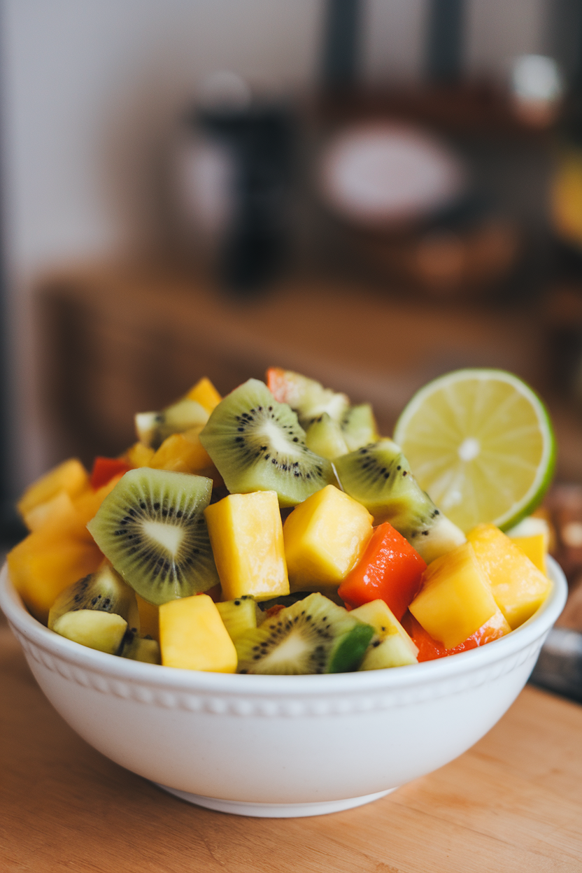 A white bowl indoors filled with diced kiwi, pineapple, mango, and avocado cubes tossed lightly, lime wedge on rim. No logos or text. Photo only.