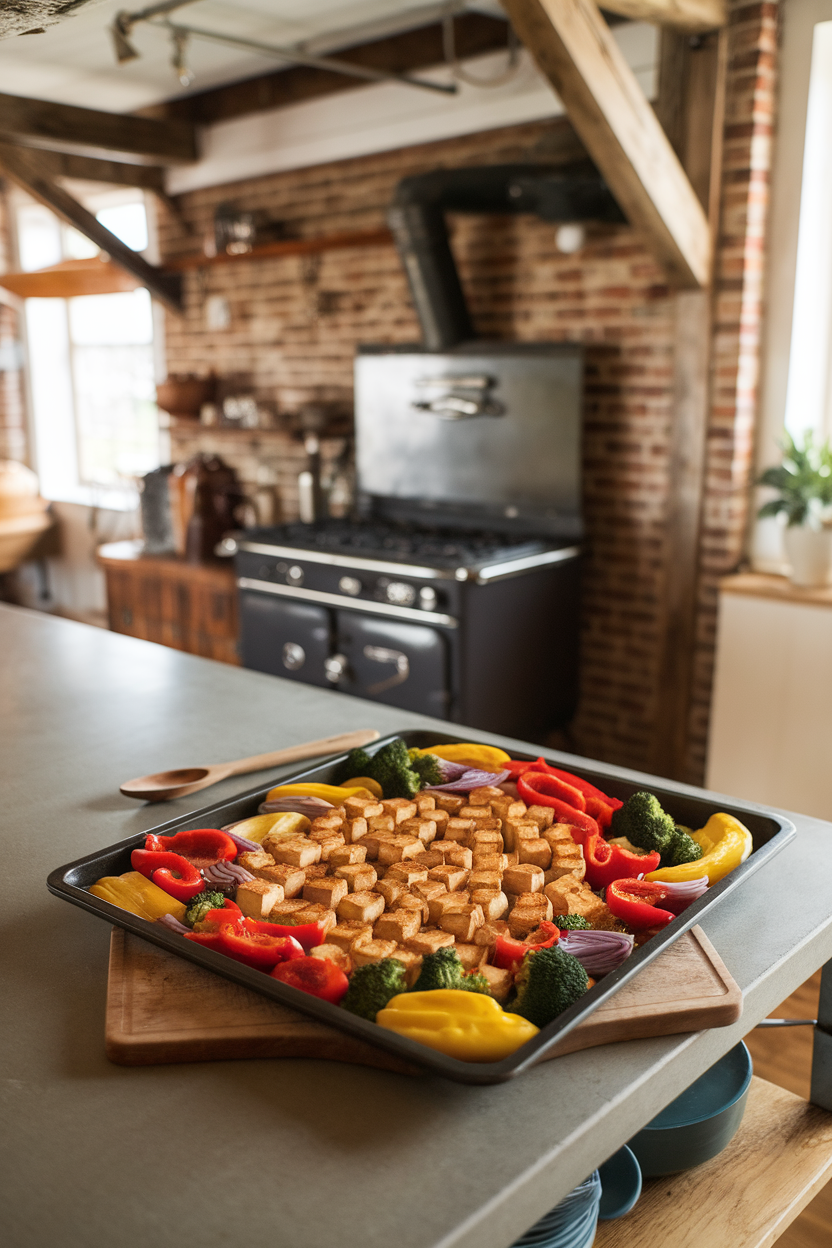 A sheet pan on an indoor kitchen island with golden roasted tofu cubes surrounded by red peppers, yellow squash, broccoli, and purple onion. No text or logos present. Photo.