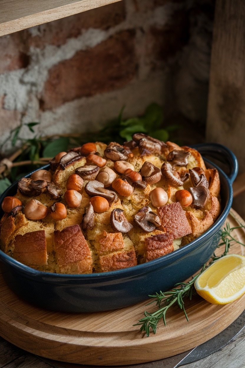 Indoor photo of rustic bread dressing dotted with sliced chestnuts and sautéed mushrooms in an oval baking dish. No text or logos.