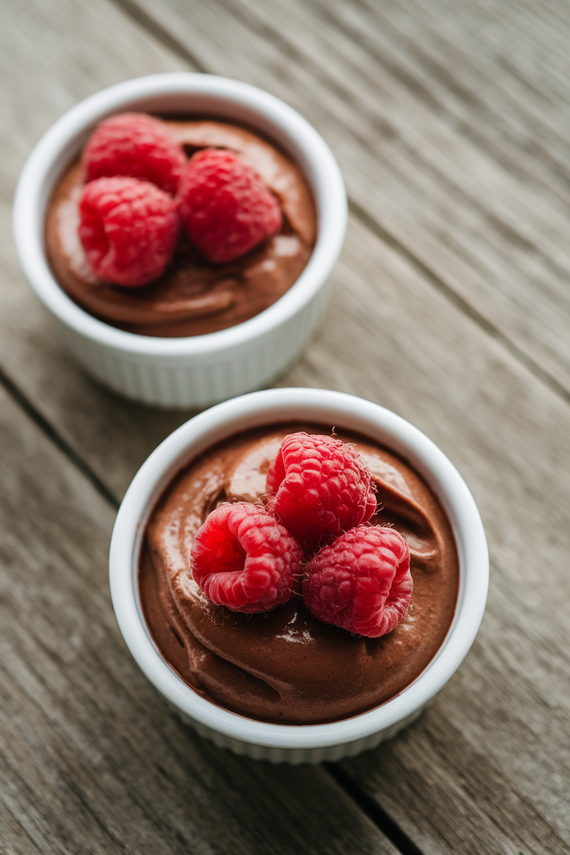 Indoor dessert scene with two small ramekins of chocolate mousse topped with raspberries—photo.