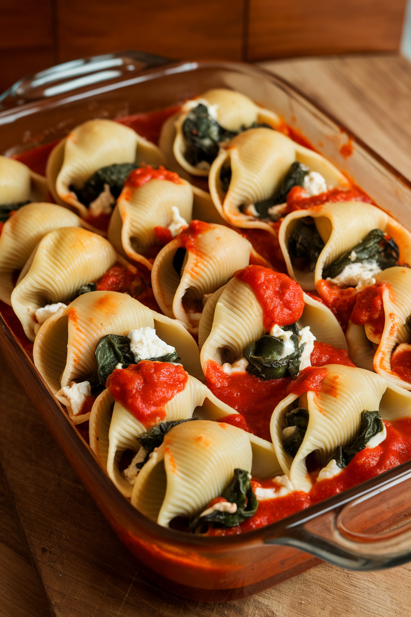 Indoor photo of a casserole dish filled with jumbo pasta shells stuffed with lean turkey, spinach, and ricotta, topped with marinara; no text or logos.