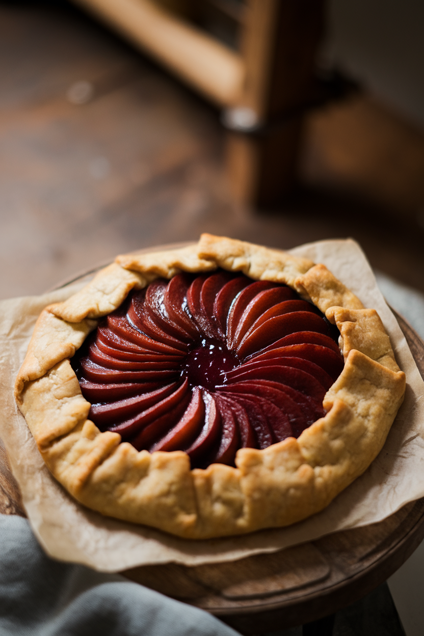 Rustic open-face galette on an indoor board, deep red wine-poached pear slices arranged in a fan, flaky crust edges folded. No text or logos.