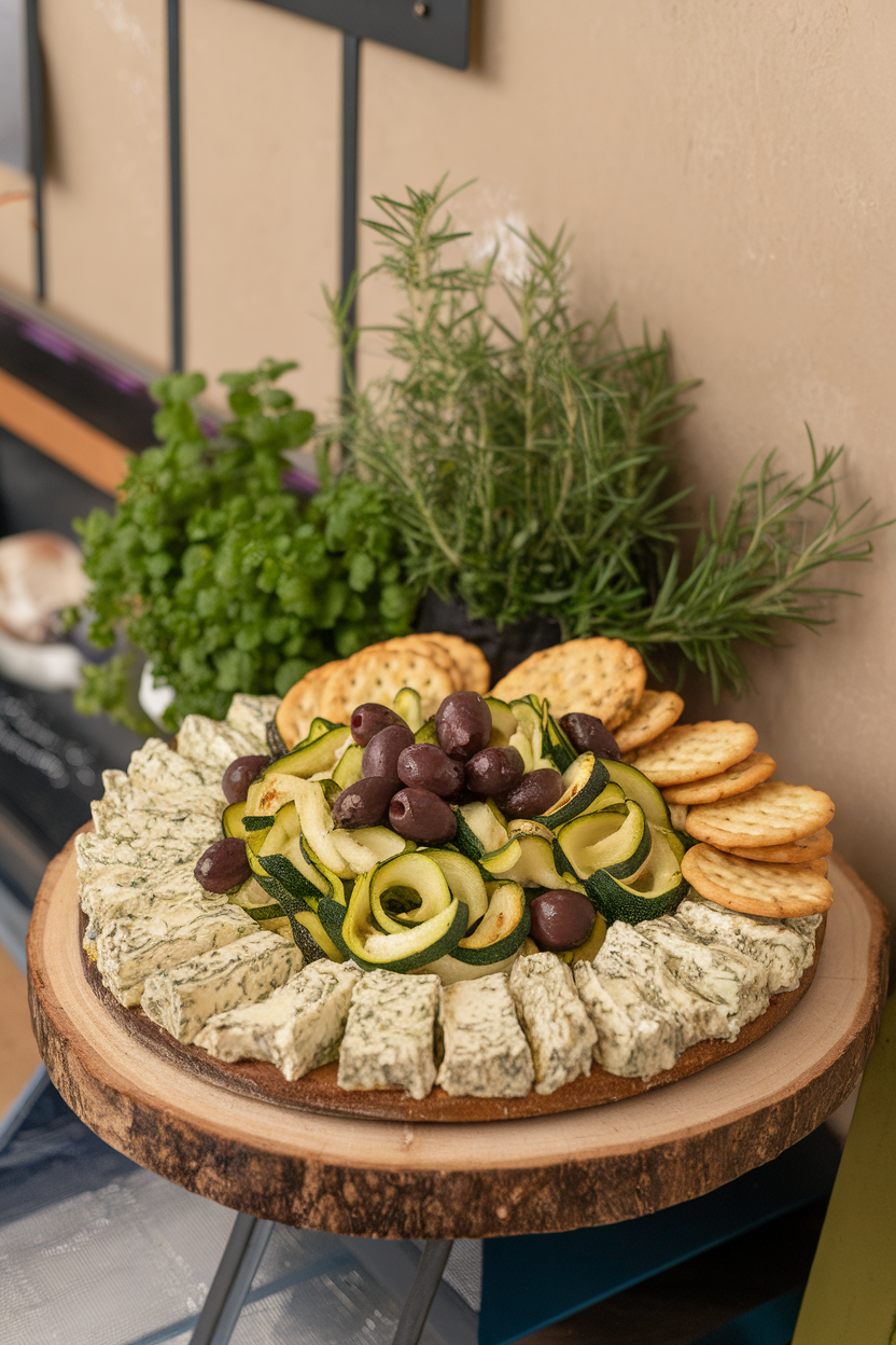 Indoor photo of a round board topped with herbed cashew cheese, grilled zucchini ribbons, olives, and rosemary crackers; no text or logos