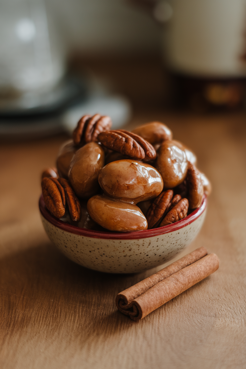 A small indoor serving bowl filled with glossy roasted pecans and almonds coated in maple glaze, a cinnamon stick resting beside. Photo, no text or logos.