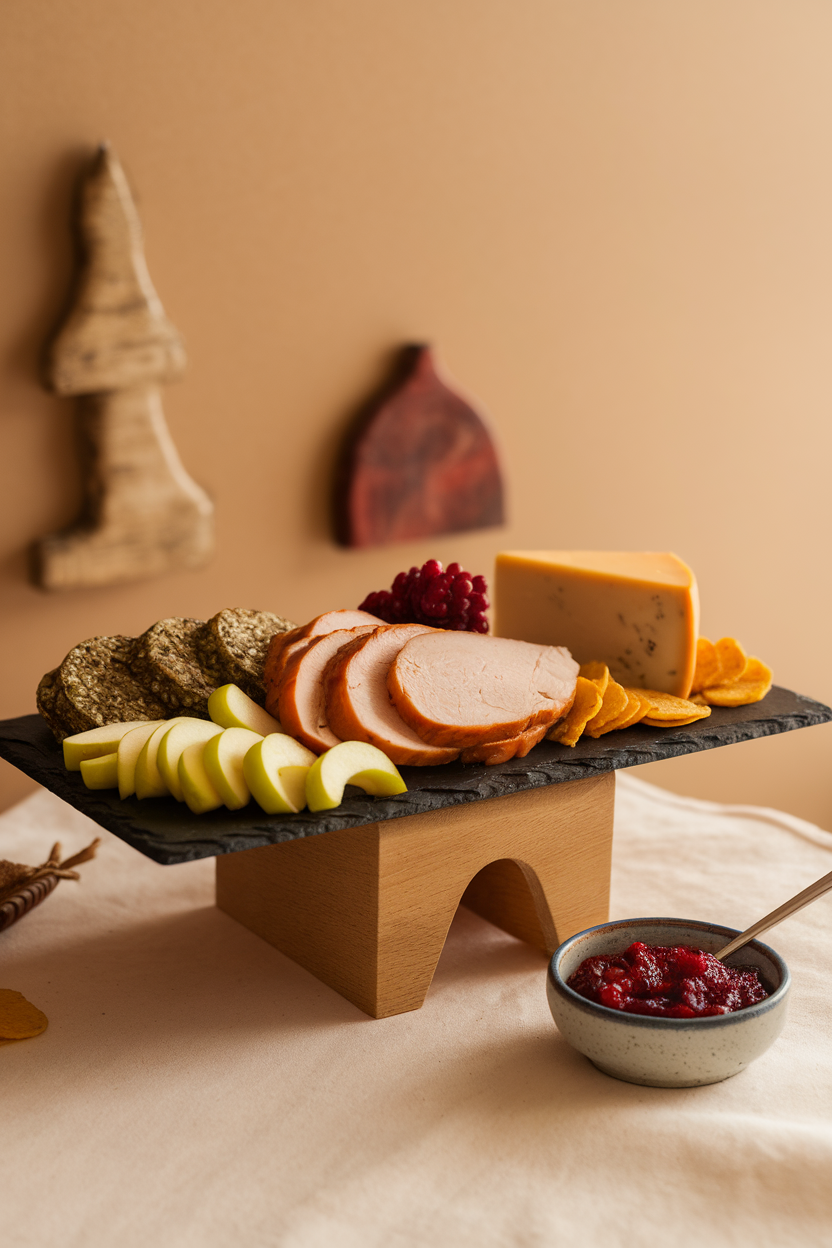 Warm indoor setting with a slate board holding roasted turkey slices, aged gouda, apple chips, and gluten-free seed crackers; no logos