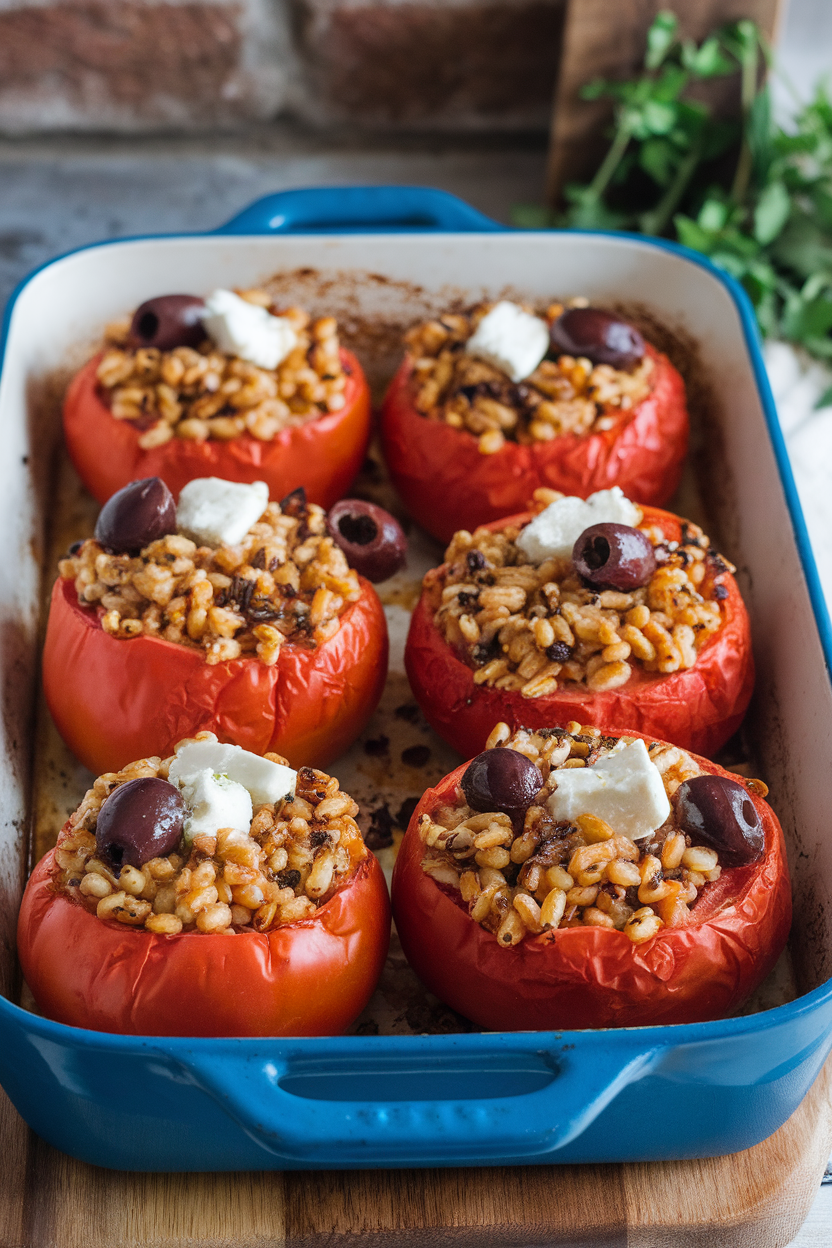 An indoor baking dish containing large tomatoes filled with herbed farro, olives, and feta, just out of the oven. No text or logos.