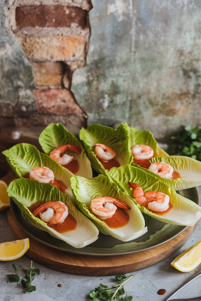 An indoor platter of crisp romaine leaves each cradling cooked shrimp and a spoonful of tangy cocktail sauce—photo, no text or logos.
