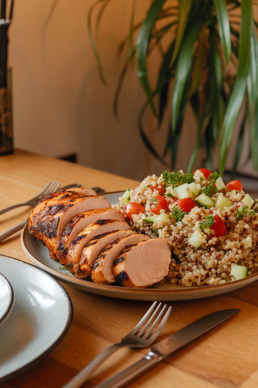A warmly lit indoor kitchen table featuring a sliced grilled chicken breast with visible char marks, resting beside a fluffy quinoa salad dotted with diced cucumber, cherry tomatoes, and parsley. No text or logos anywhere in the scene; photo, not illustration.