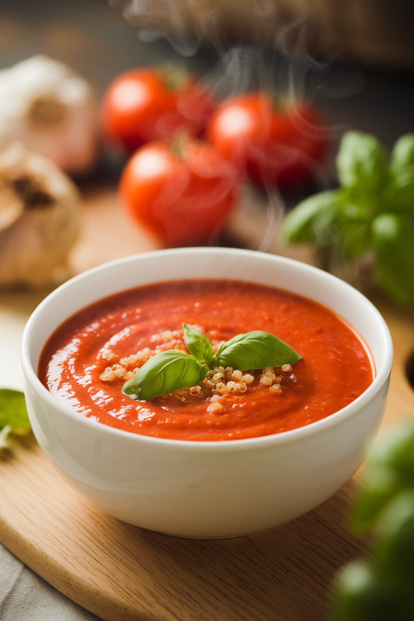 Indoor bowl of tomato soup with visible quinoa grains and basil leaves, steam rising, overhead shot. No text or logos.