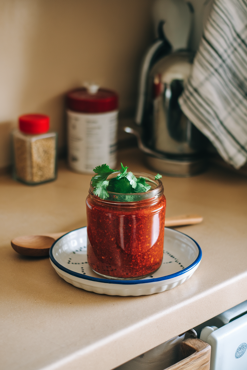 Photo, indoor kitchen counter showing an open glass jar of deep red harissa, oil glistening on top, no text or logos.