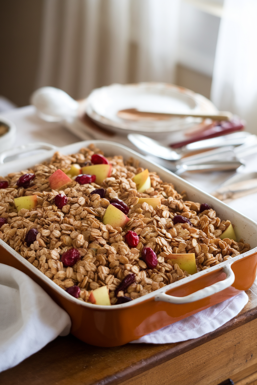 A baking dish of steel-cut oat stuffing with apple chunks and cranberries on an indoor table. No text or logos.