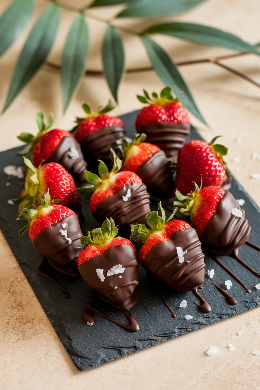 A slate tray indoors with ripe strawberries half-dipped in glossy dark chocolate and sprinkled with flaky salt. Photo, no text or logos.