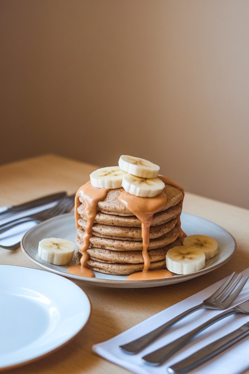 Indoor breakfast table displaying a short stack of small whole-grain pancakes drizzled with natural peanut butter and topped with sliced bananas. No text or logos. Photo.