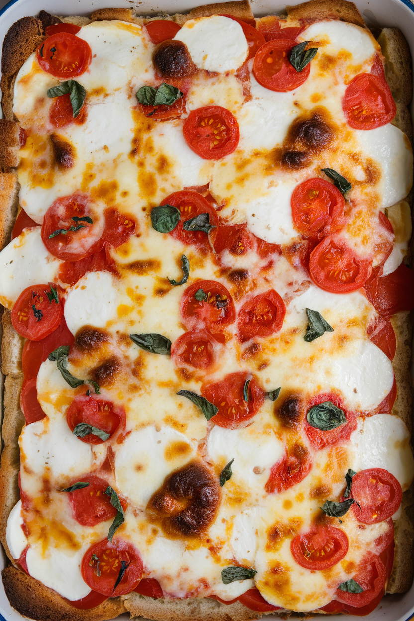 A casserole indoors showing layers of bread, mozzarella, tomatoes, and basil baked until cheese is bubbly and browned. No text or logos. Photo, not illustration.