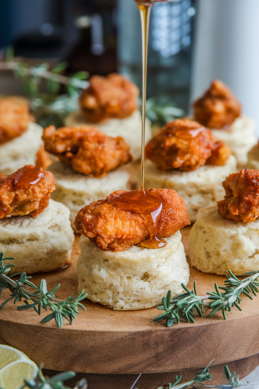 Indoor platter with mini buttermilk biscuits each holding a piece of crispy chicken drizzled with hot honey, no branding or text anywhere.