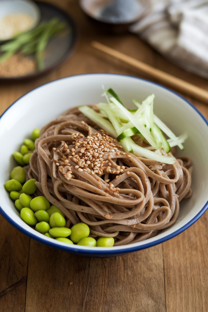 An indoor tabletop showcasing a chilled bowl of buckwheat soba noodles tossed with shelled edamame, julienned cucumber, and sesame seeds. No text or logos; photograph.