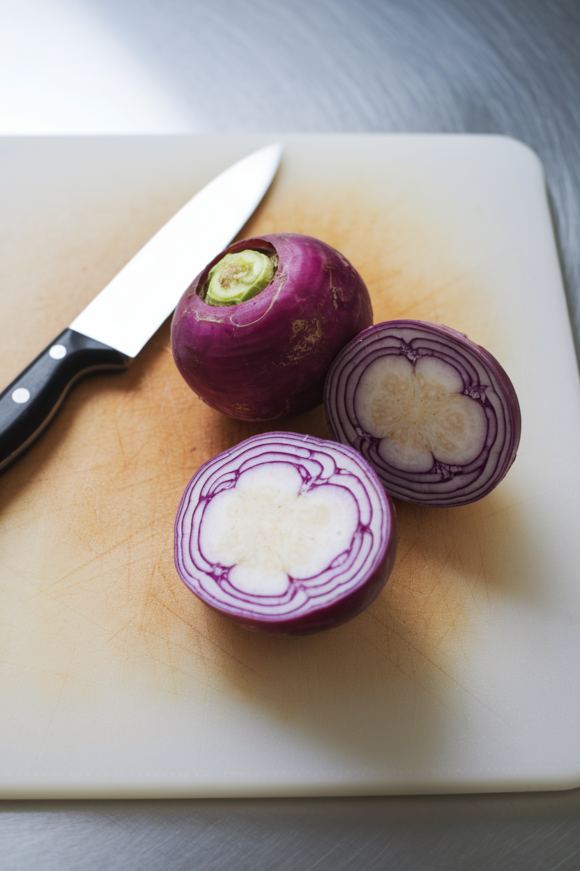 An indoor cutting board with unfamiliar purple kohlrabi sliced open, knife resting nearby, no text or logos.