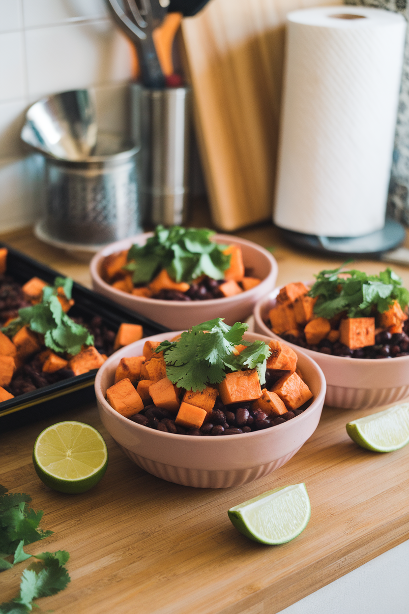An indoor kitchen counter showing meal-prep bowls filled with roasted sweet potato cubes, black beans, and cilantro, lime wedges on the side; no text or logos.