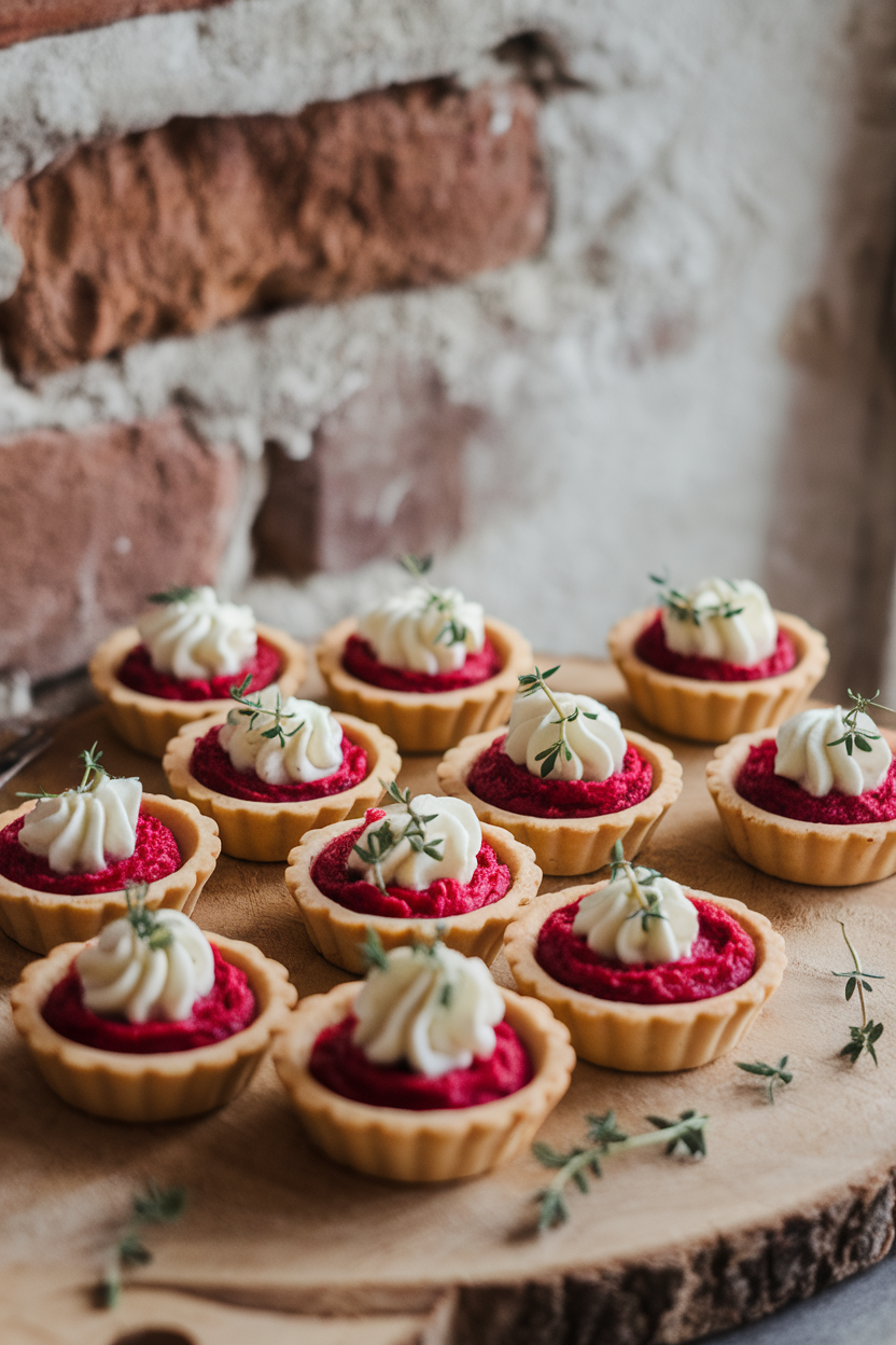 Indoor photo of mini tart shells filled with vibrant beet purée and piped goat cheese, sprinkled with thyme. No text or logos.