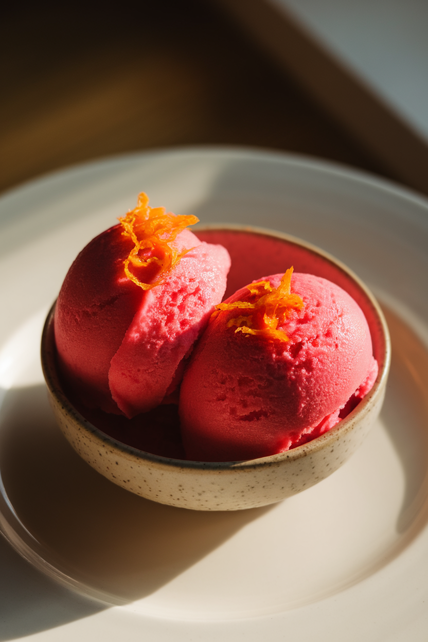 Photo of two scoops of bright pink sorbet in a small bowl, orange zest garnish, indoor lighting. No text or logos.