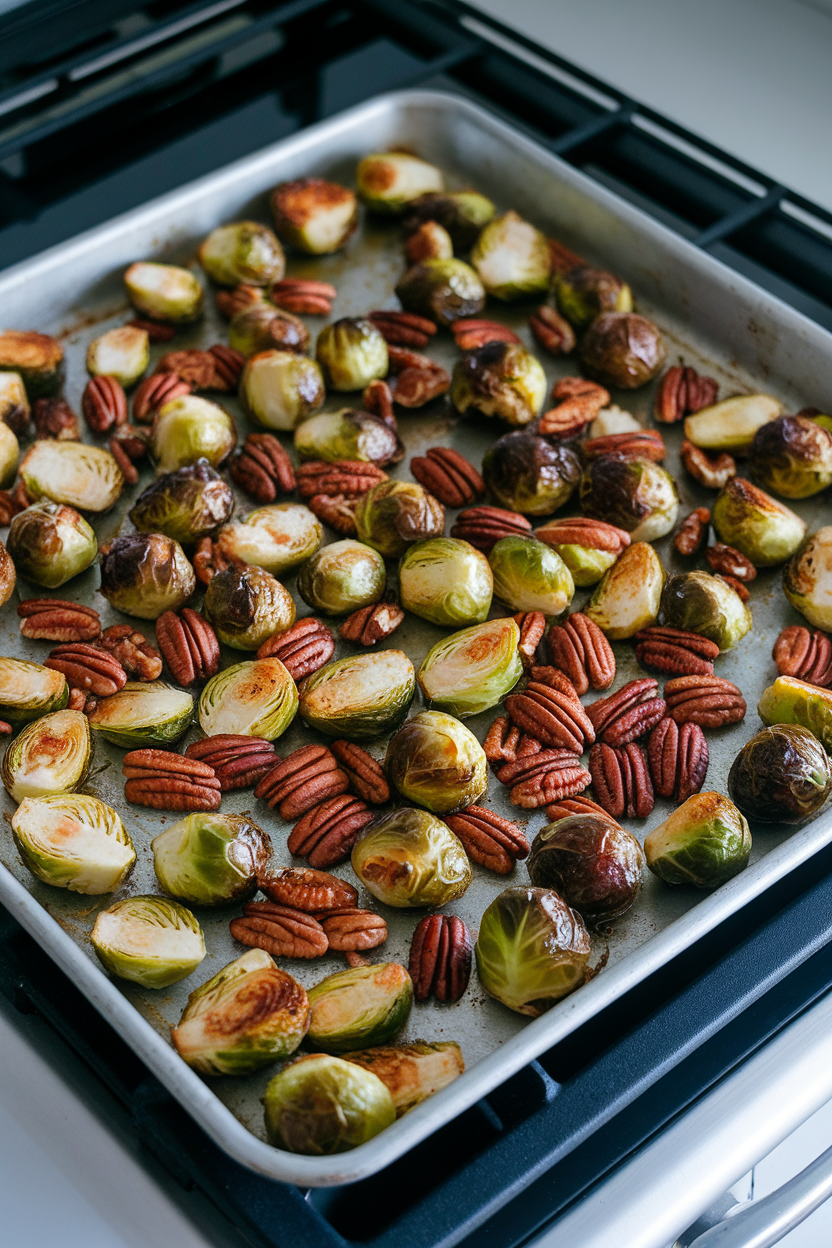A sheet pan of roasted Brussels sprouts and toasted pecans, lightly glazed, resting on an indoor stovetop. No text or logos.