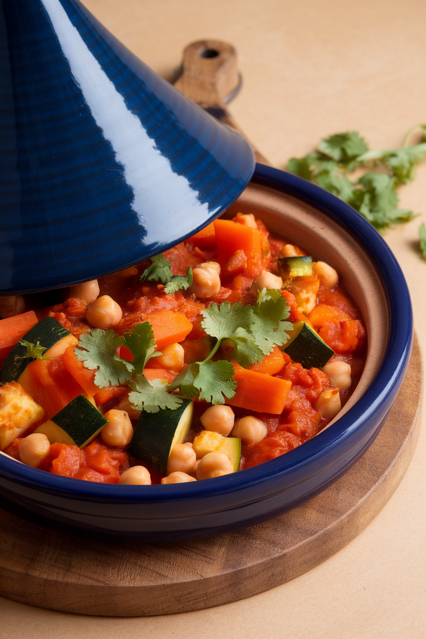 A ceramic indoor bowl of colorful vegetable tagine—chunks of carrot, zucchini, chickpeas, and apricots in a spiced tomato sauce—garnished with cilantro. No text or logos present.