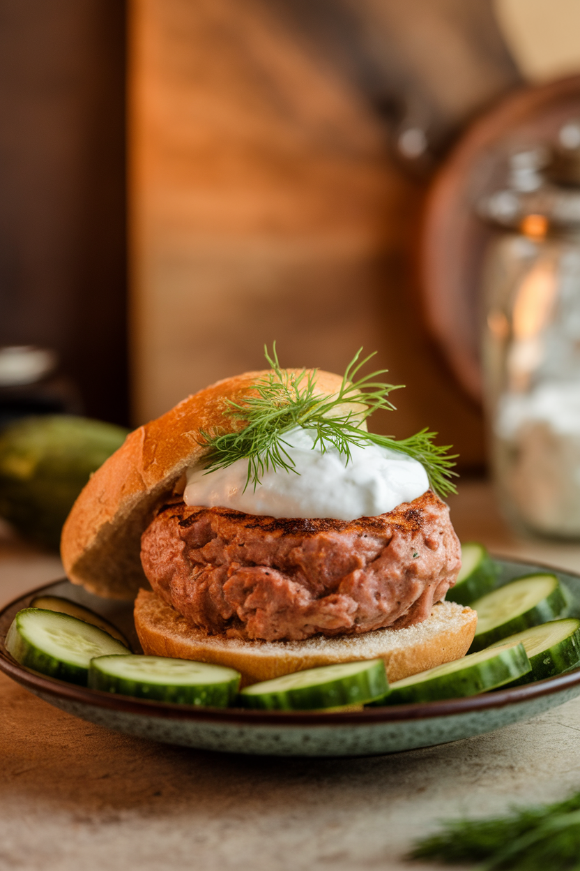 Photo of a turkey burger topped with dollop of Greek yogurt and fresh dill, plated with cucumber rounds indoors; no text or logos; photo, not illustration