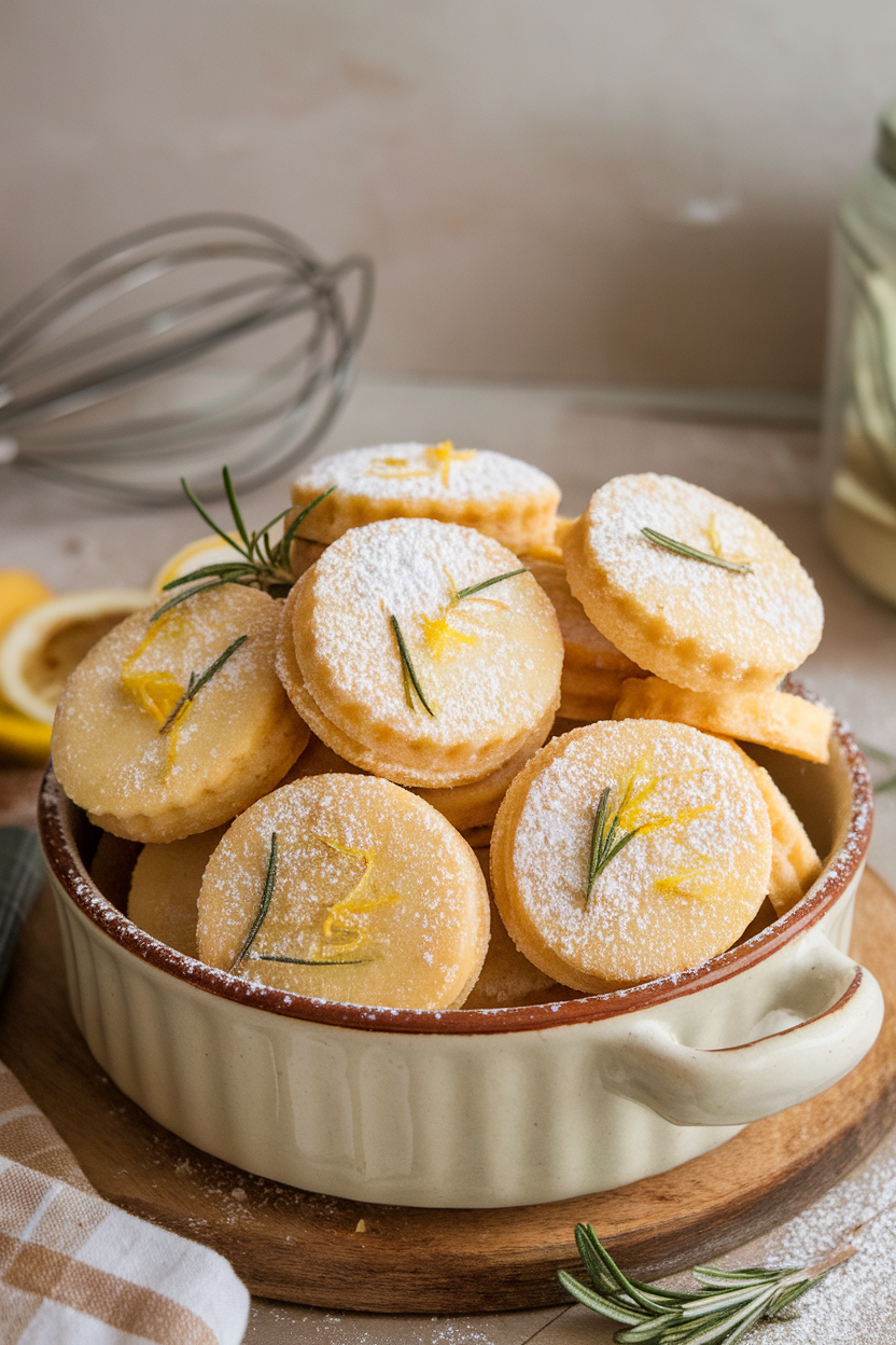 Indoor photo of round lemon-rosemary shortbread cookies stacked on a simple ceramic dish, flecks of zest visible; no text or logos.