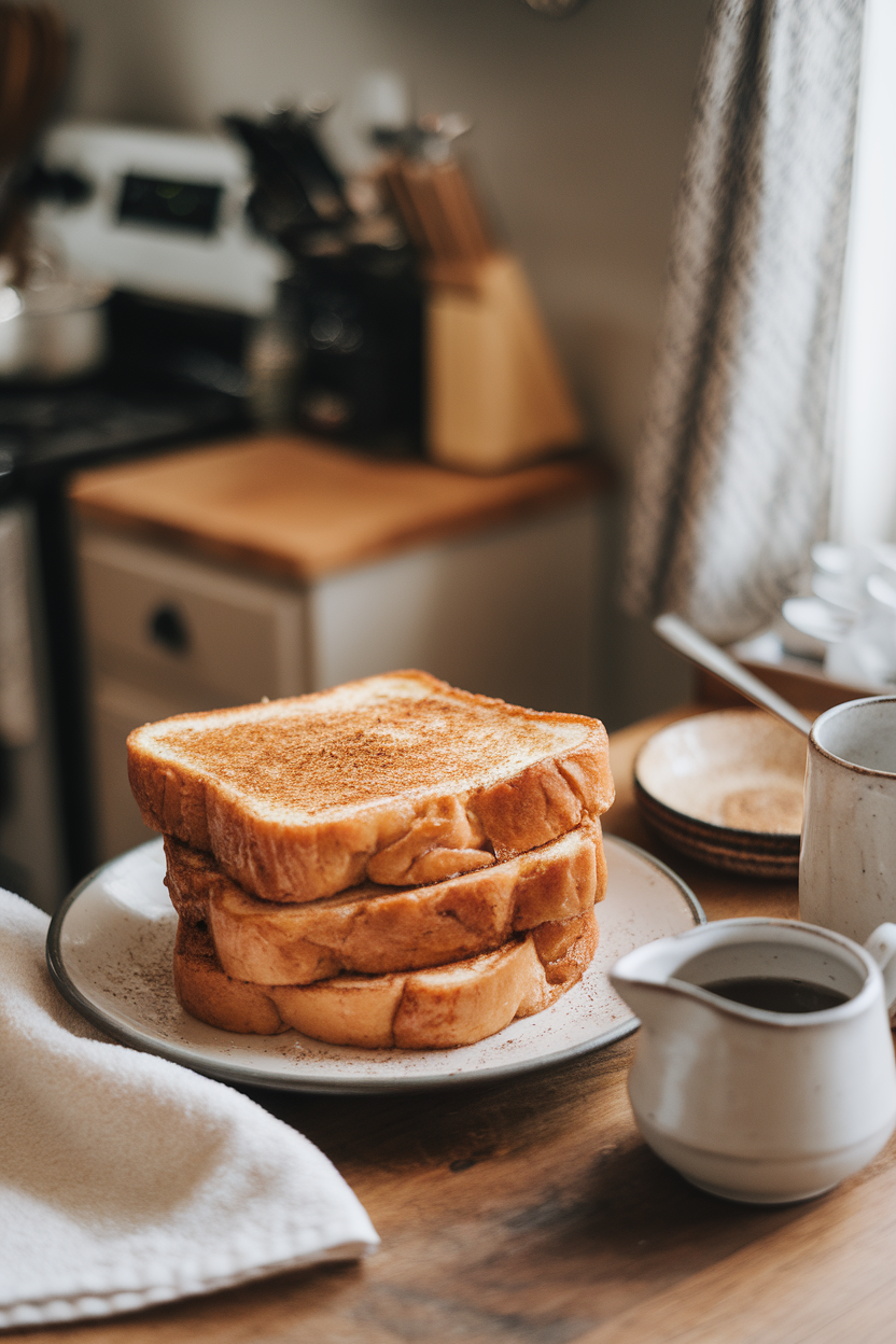 A cozy indoor kitchen scene featuring thick slices of eggnog French toast stacked on a plate, dusted with nutmeg, with a small pitcher of warm maple syrup alongside. No text or logos. Photo, not illustration.