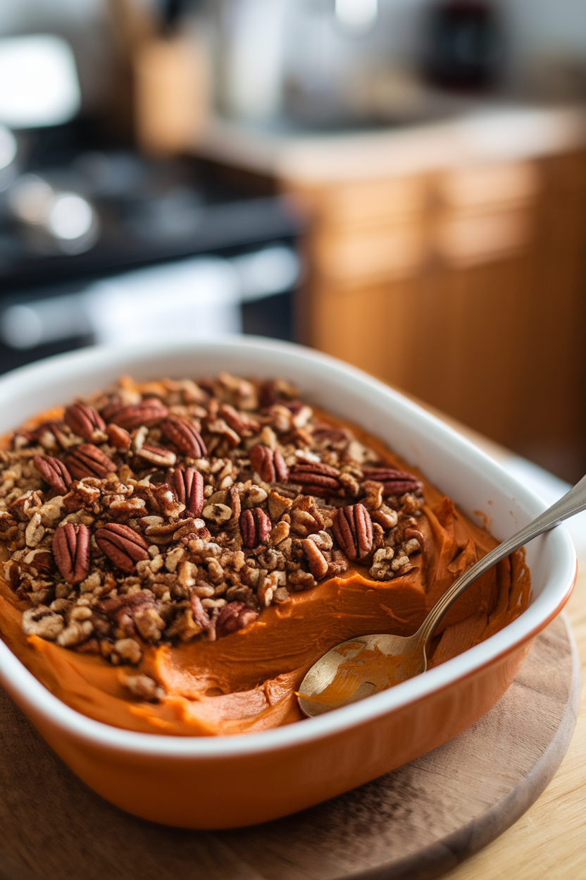 Indoor casserole topped with toasted pecan crumble over smooth sweet potato filling, spoon indent visible. No text or logos. Photo only.