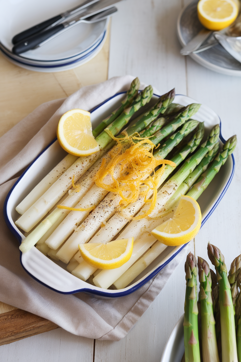 Indoor platter of blanched asparagus tips tossed with lemon zest and cracked pepper. No branding.