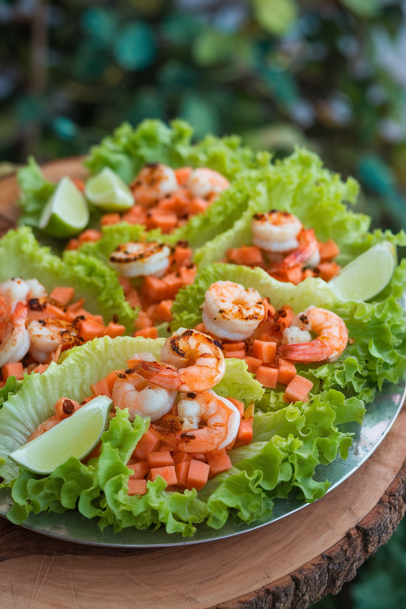 Indoor photo of baby gem lettuce leaves filled with diced papaya, grilled shrimp, and chili flakes, on a platter with lime wedges. No text or logos.