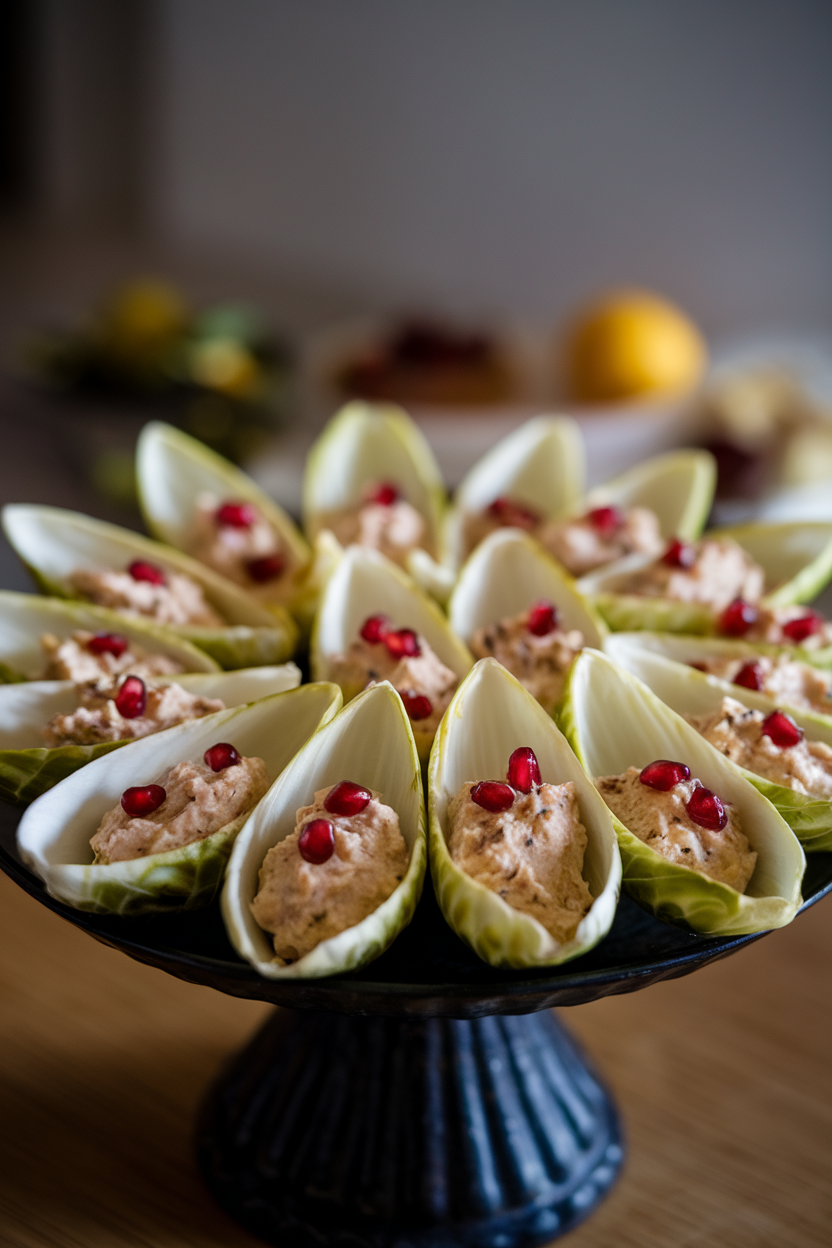 Indoor photo of endive leaves filled with creamy baba ganoush, garnished with pomegranate arils, on a dark serving plate. No logos or text.