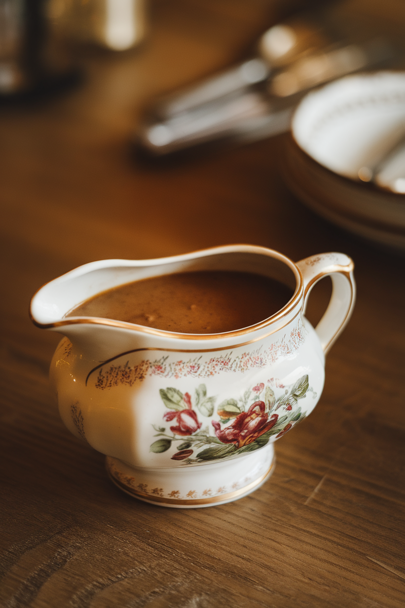 Indoor photo of a porcelain gravy boat filled with rich brown gravy on a wooden table, no text or logos