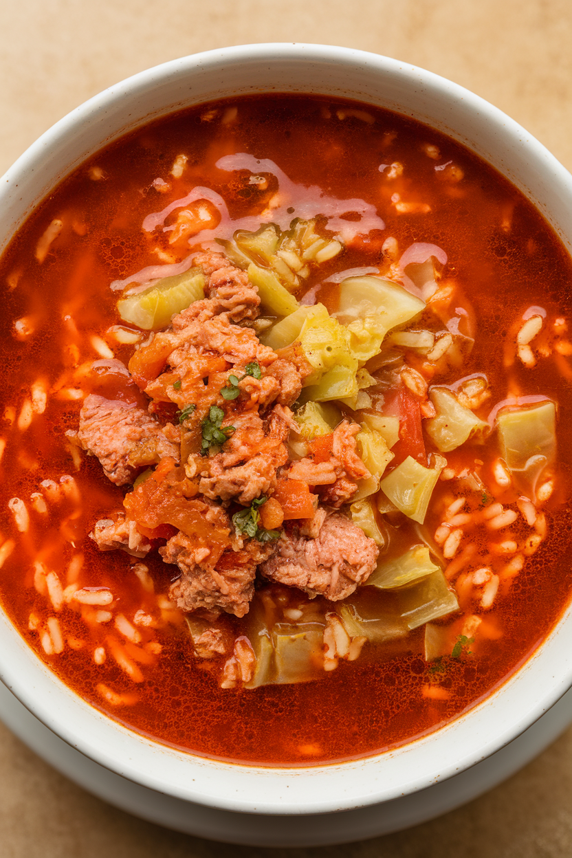 Indoor photo of tomato-based soup filled with chopped cabbage, ground turkey, and rice in a bowl, no text or logos.