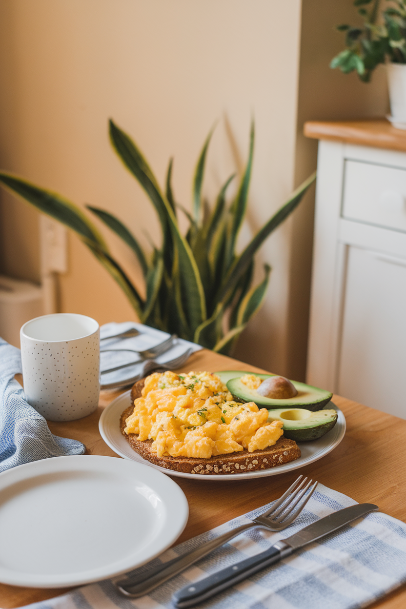 Photo of an indoor breakfast table with a plate of fluffy scrambled eggs, whole-grain toast, and sliced avocado under warm morning light. No text or logos anywhere.
