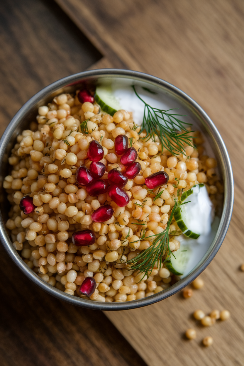 Photo prompt: An indoor serving bowl of pearly cooked bajra tossed with yogurt, cucumber, and dill, garnished with pomegranate. No text or logos.