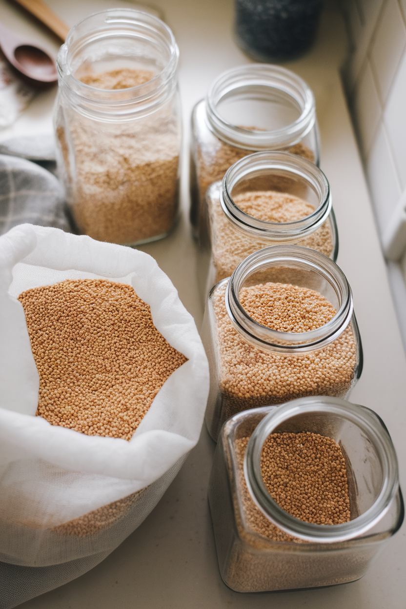 Split bulk bag of quinoa being portioned into smaller jars on a countertop, indoor photo, no text or logos
