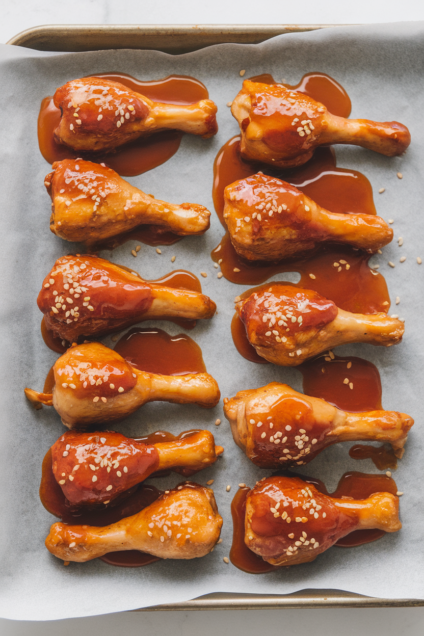 Indoor baking tray lined with parchment holding glazed chicken drumettes, extra sauce brushed on top, sesame seeds sprinkled. No text or logos.