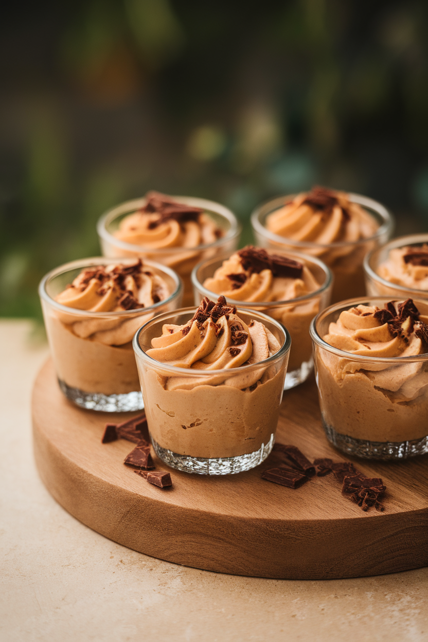 Indoor photo of small glass cups with fluffy peanut butter mousse topped with chocolate shavings, no text or logos