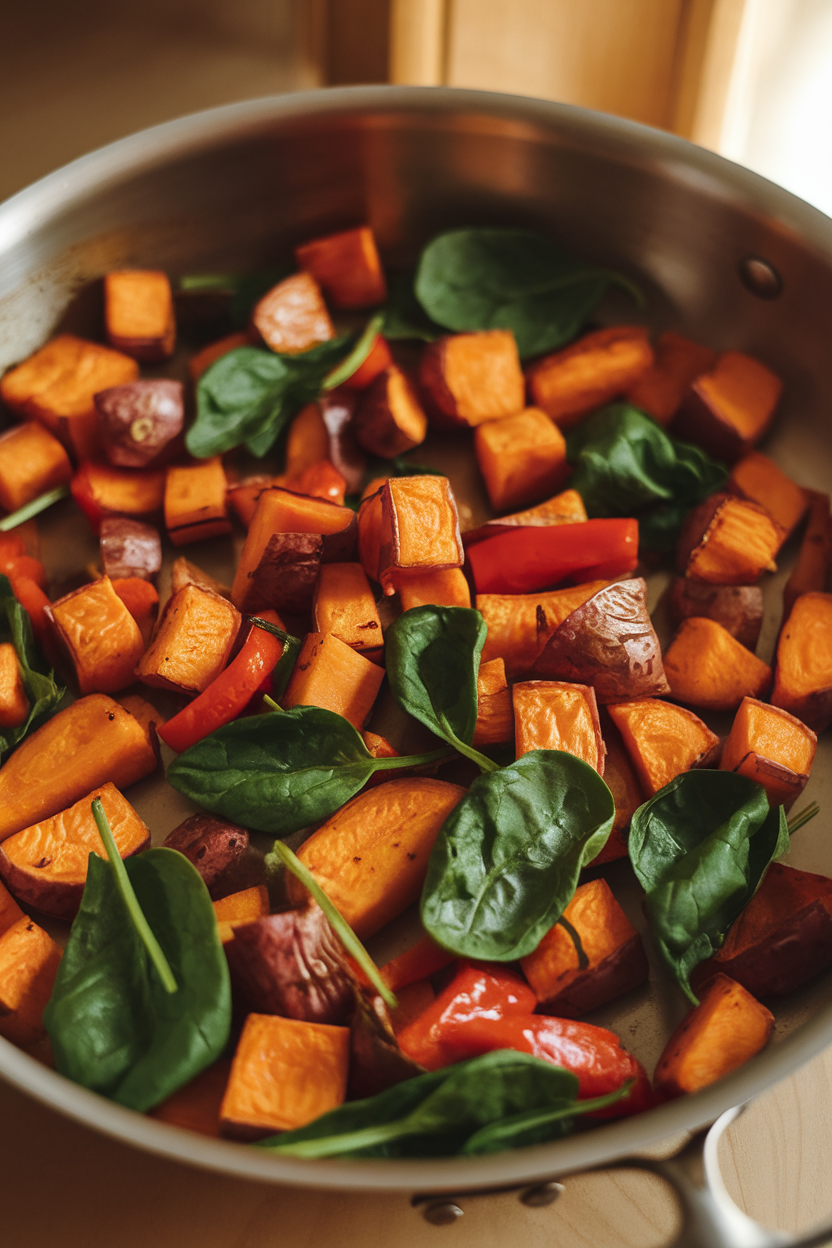 Warm indoor skillet shot featuring diced roasted sweet potatoes, bell peppers, and spinach leaves, all glistening under soft light. No text or logos present.