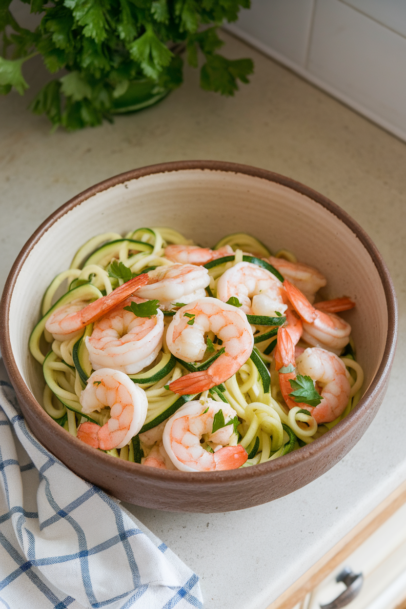 A ceramic bowl on an indoor countertop filled with cooked zucchini noodles and pink shrimp tossed in a light garlic sauce, garnished with parsley. Photo, no text or logos.